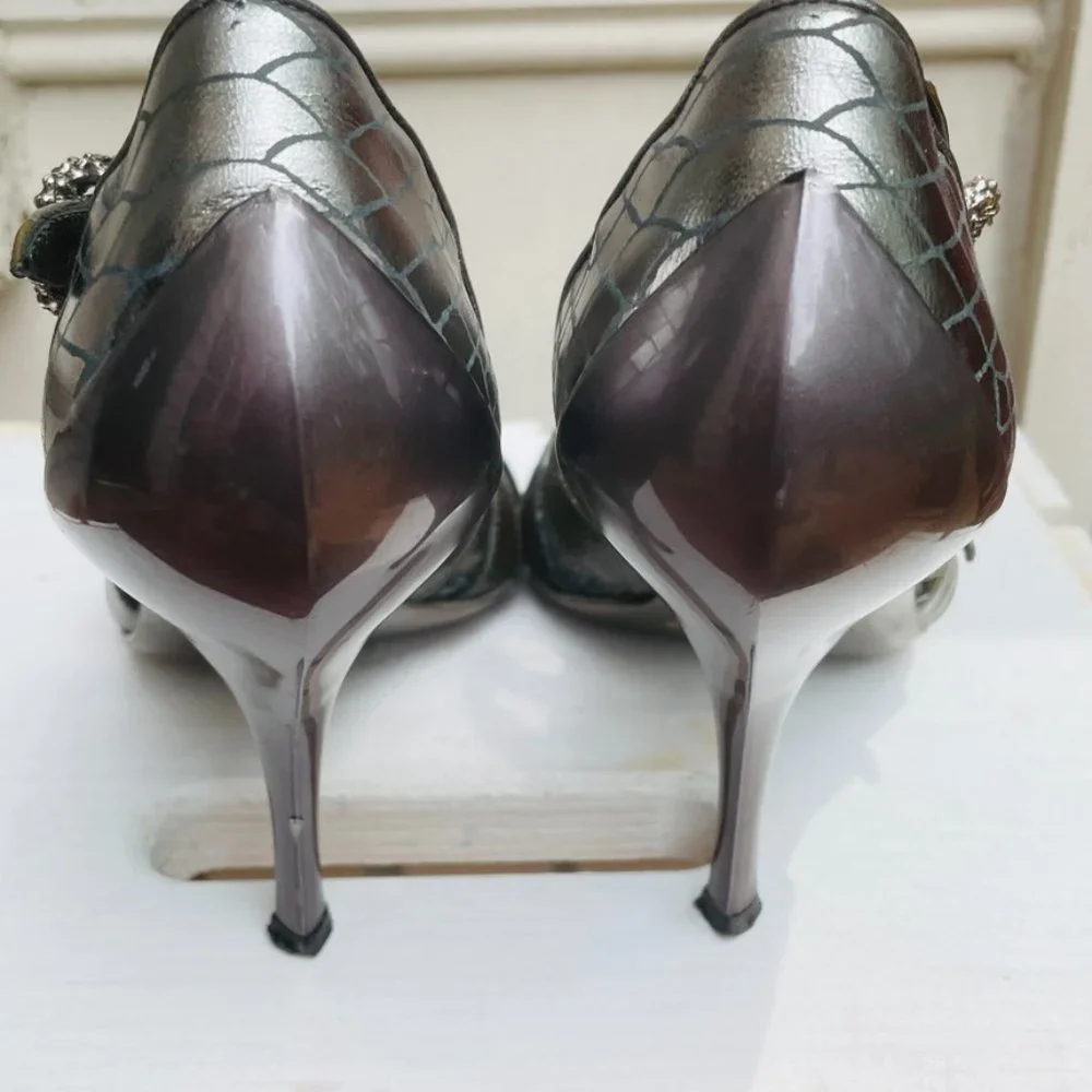 Just Cavalli Olive Green Embossed Leather Strappy Stiletto Sandals EU 37 US 6.5